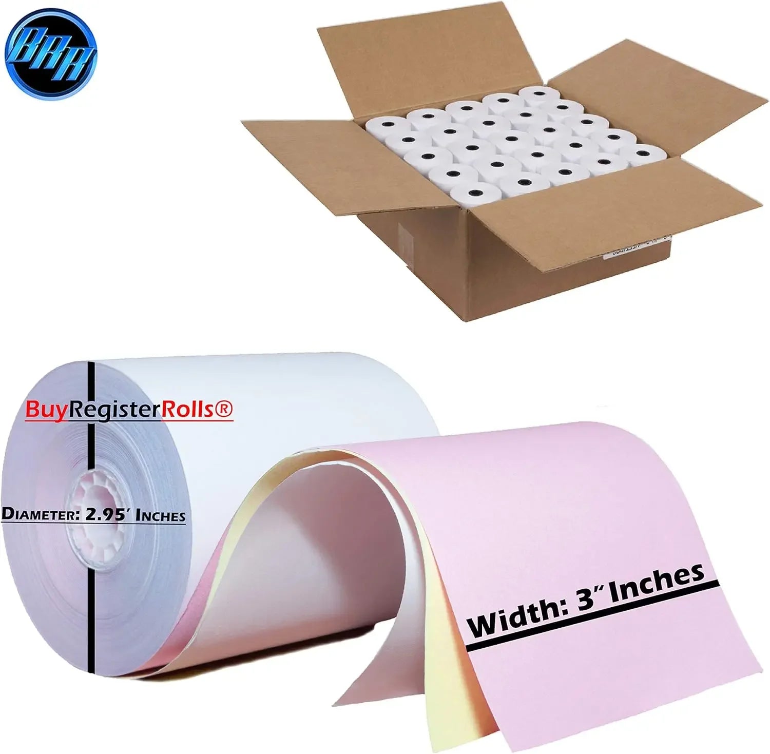 TMU 220 White/Canary/Pink Carbonless Kitchen Paper – 50 Rolls, 3-Ply, 3" Inch, 65' Feet (50 Rolls - 60 GSM)