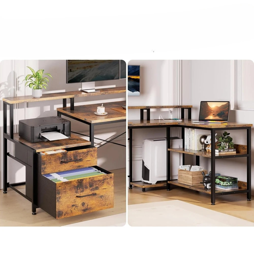 Vintage Corner Desk with Power Outlet & LED Strip