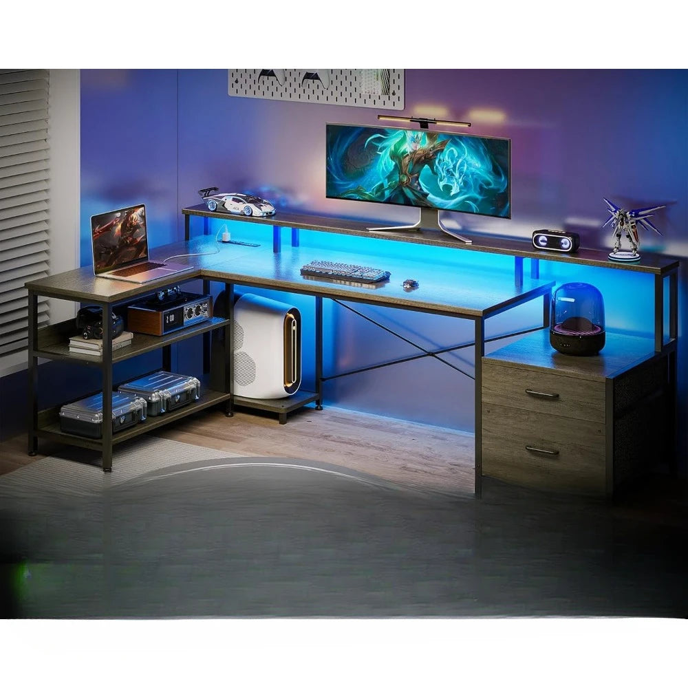 Vintage Corner Desk with Power Outlet & LED Strip