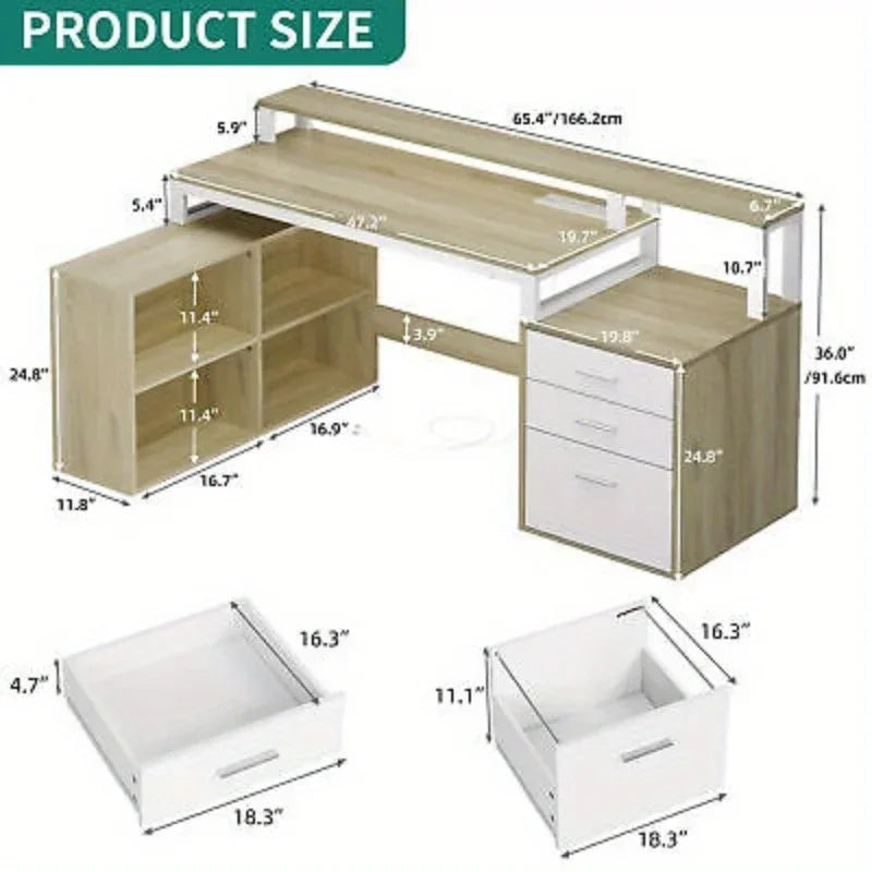 65" L Shaped Desk with Power Outlets, LED Lights & File Drawers