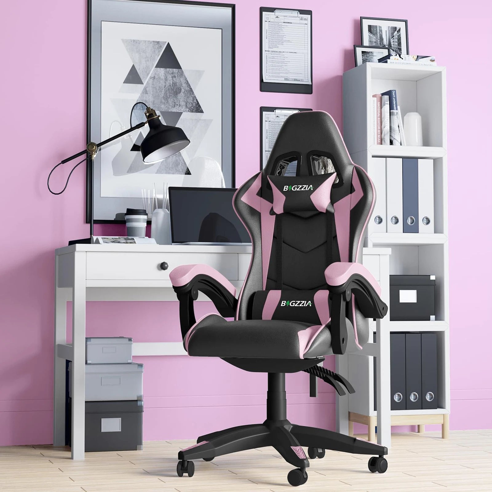 Gaming Chair Office Chair Ergonomic PU Leather Computer Desk Chair with Headrest & Lumbar Support