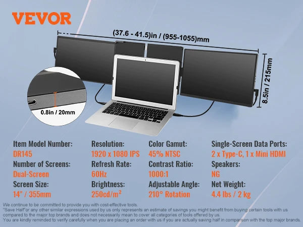 VEVOR Dual Extended Portable Monitor