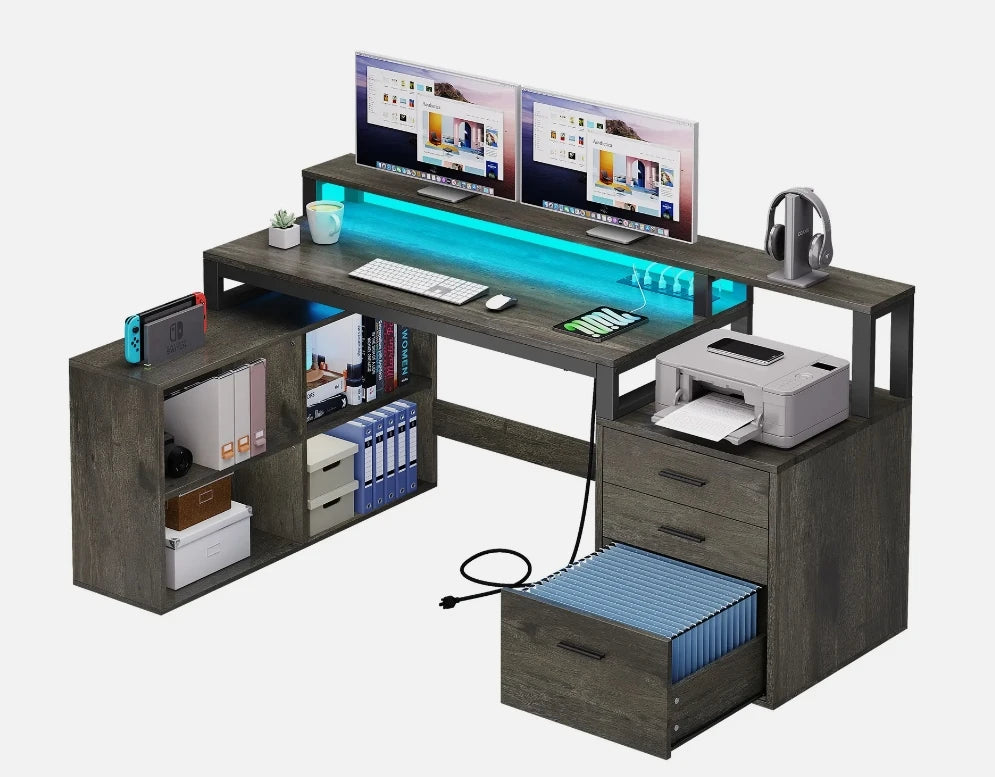 65" L Shaped Desk with Power Outlets, LED Lights & File Drawers