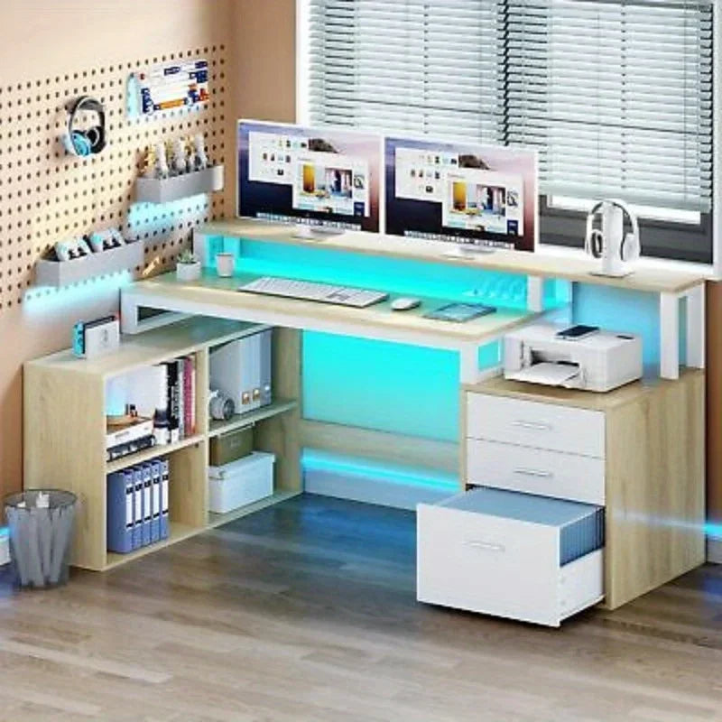 65" L Shaped Desk with Power Outlets, LED Lights & File Drawers