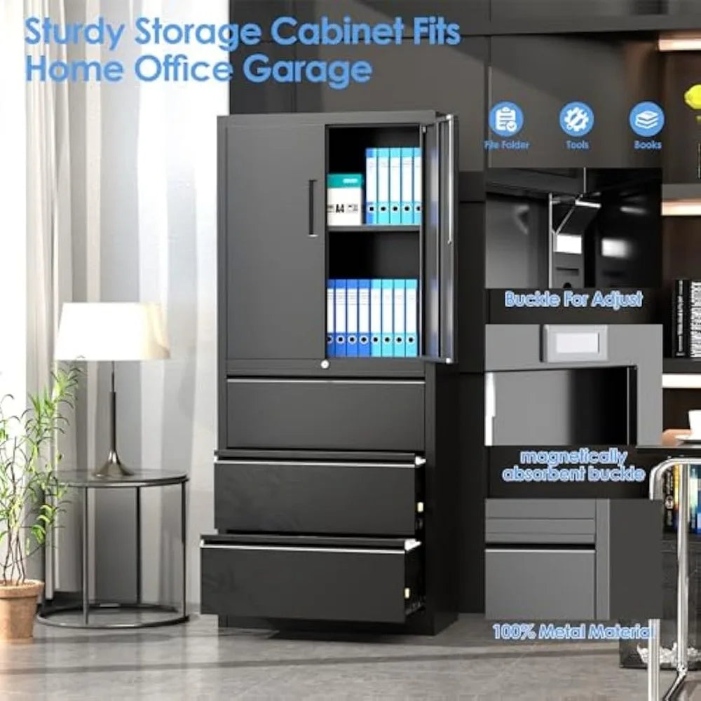 3-Drawer Lockable File Cabinet with Shelves