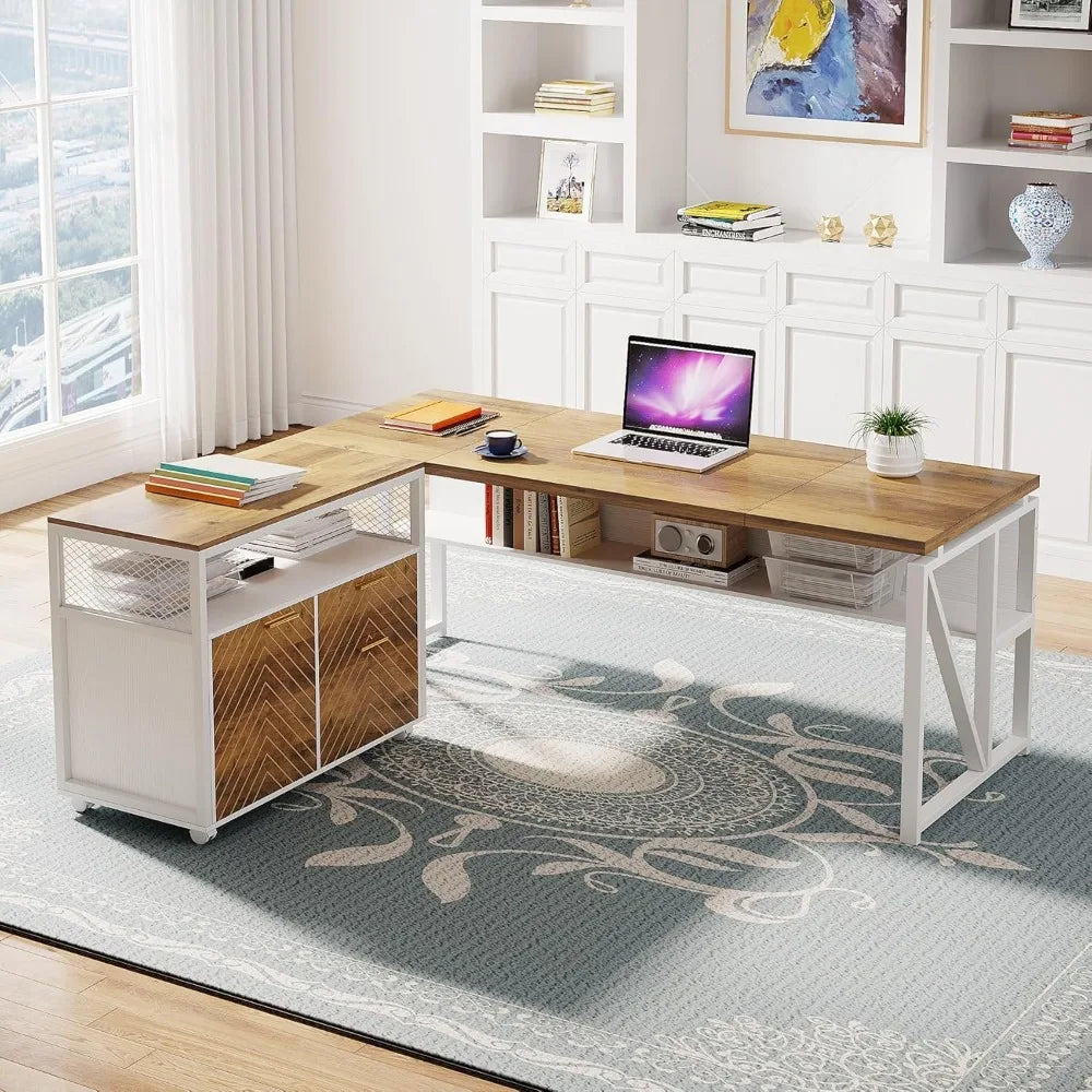 Shaped Desk with Drawer & File Cabinet