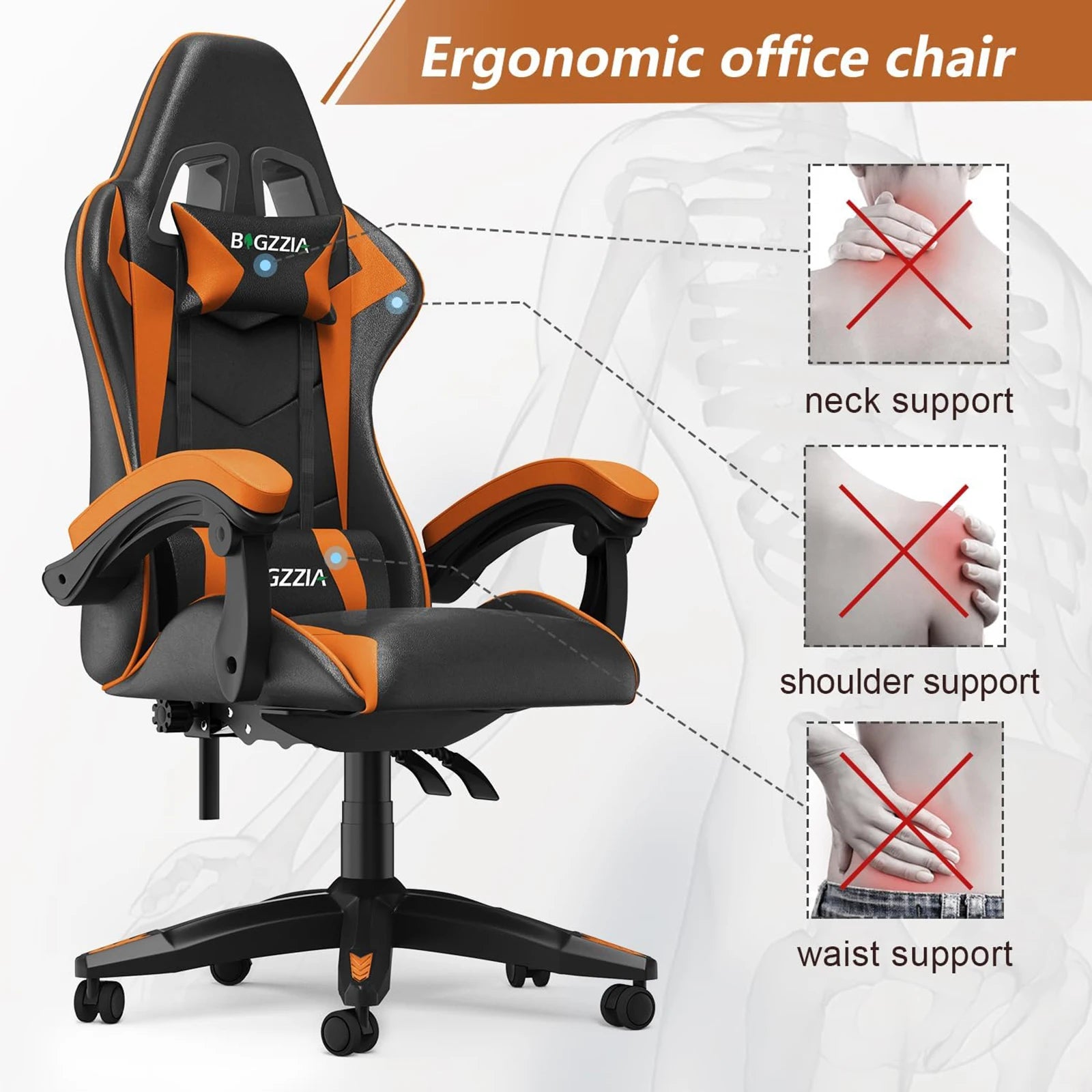 Gaming Chair Office Chair Ergonomic PU Leather Computer Desk Chair with Headrest & Lumbar Support