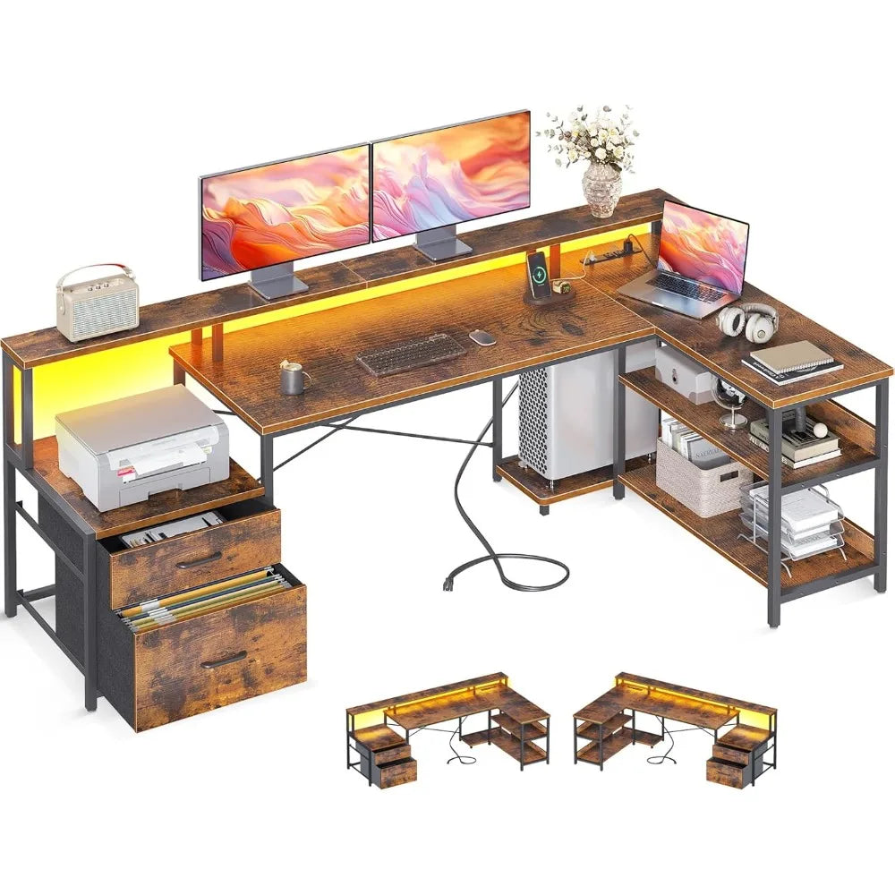 Vintage Corner Desk with Power Outlet & LED Strip