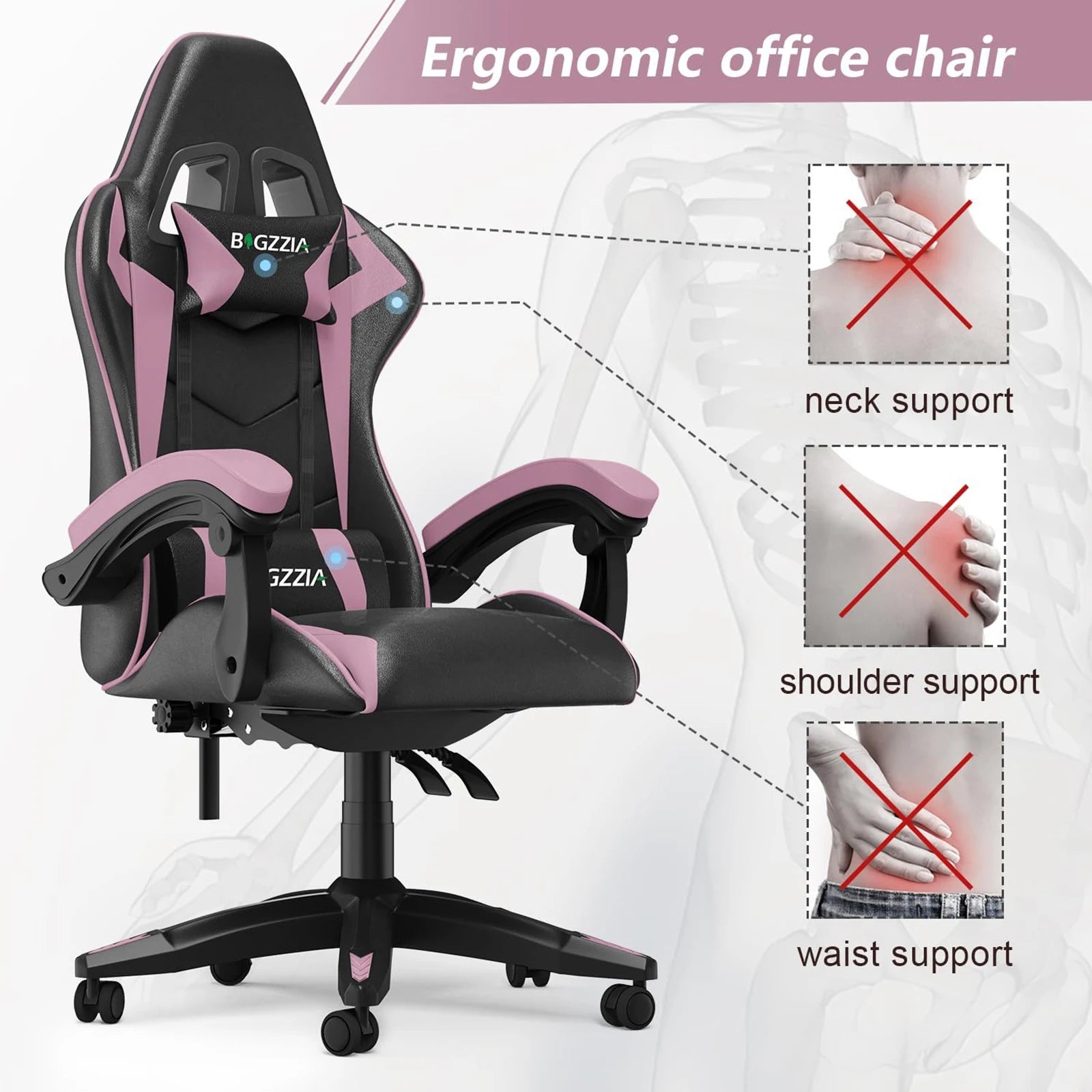 Gaming Chair Office Chair Ergonomic PU Leather Computer Desk Chair with Headrest & Lumbar Support