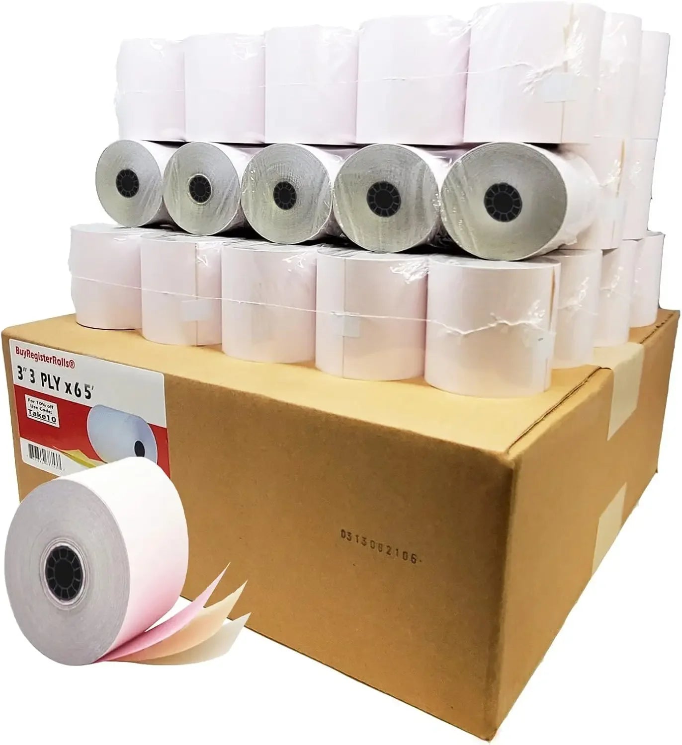 TMU 220 White/Canary/Pink Carbonless Kitchen Paper – 50 Rolls, 3-Ply, 3" Inch, 65' Feet (50 Rolls - 60 GSM)