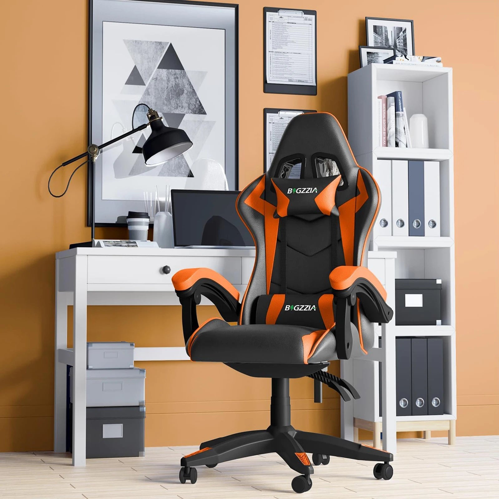 Gaming Chair Office Chair Ergonomic PU Leather Computer Desk Chair with Headrest & Lumbar Support