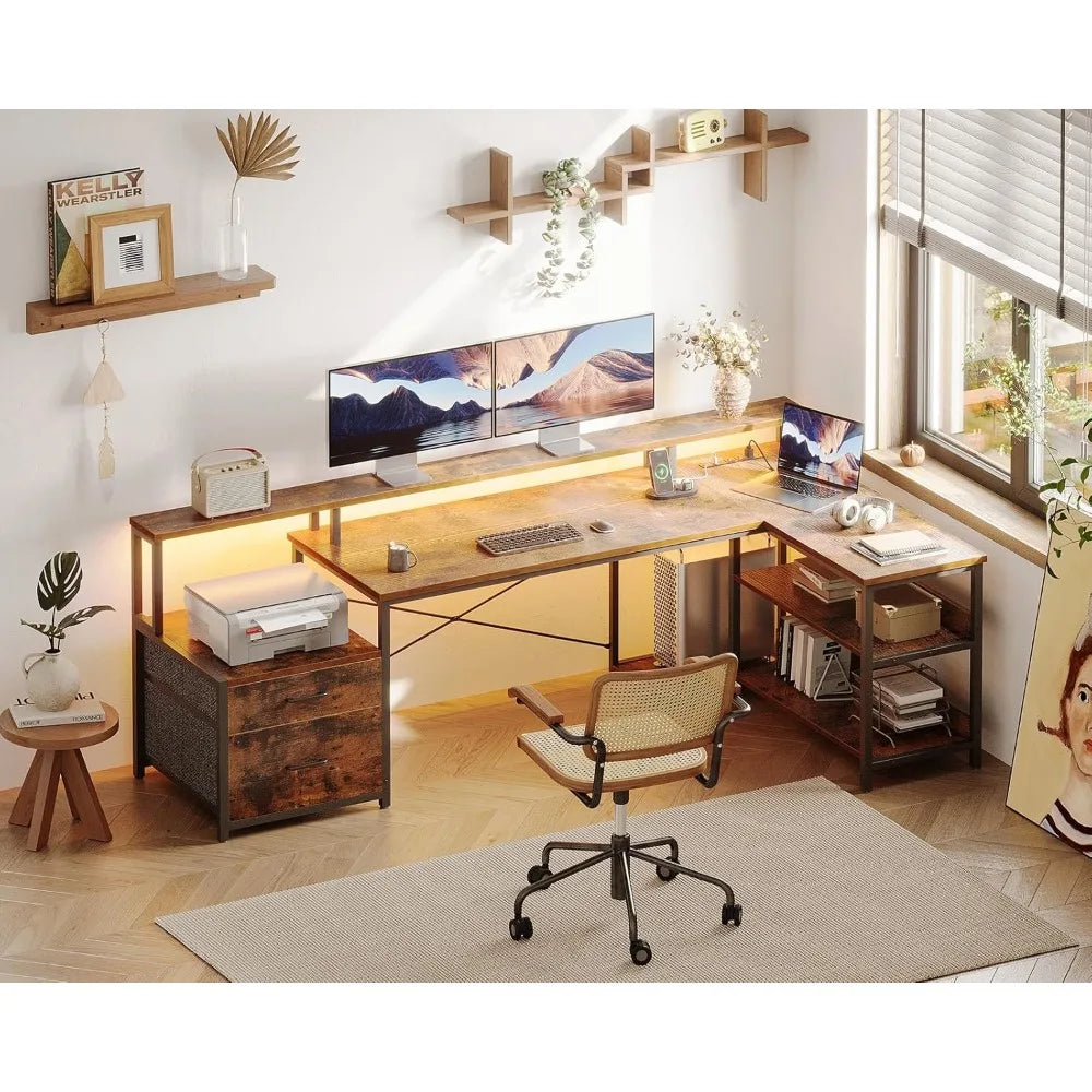 Vintage Corner Desk with Power Outlet & LED Strip